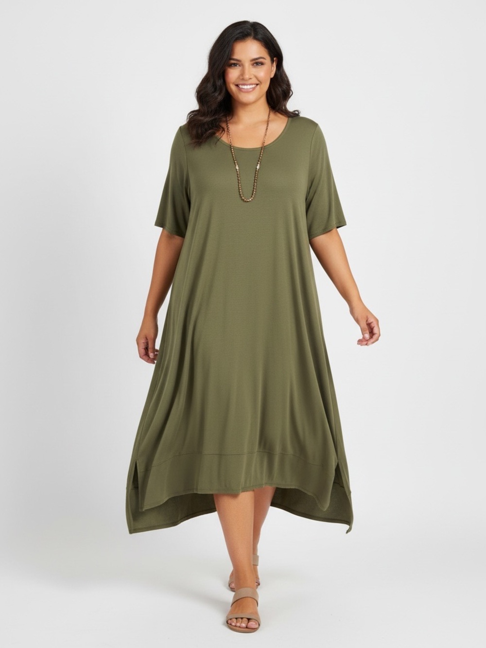 Eileen Fisher olive green short-sleeve jersey dress XL Relaxed A-line Minimalist